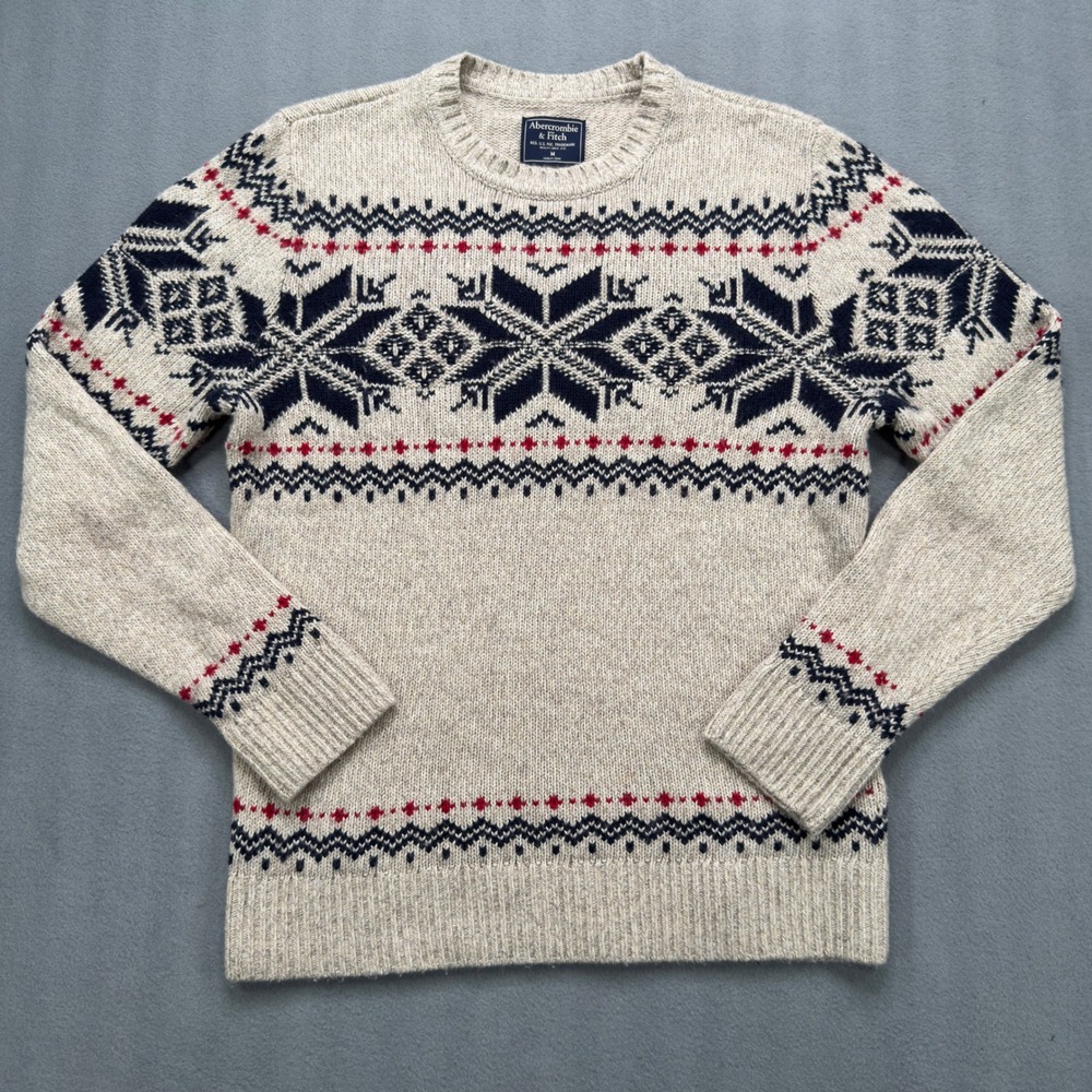 Abercrombie & Fitch Fair Isle Sweater Medium Oatmeal Nordic Crewneck Mens